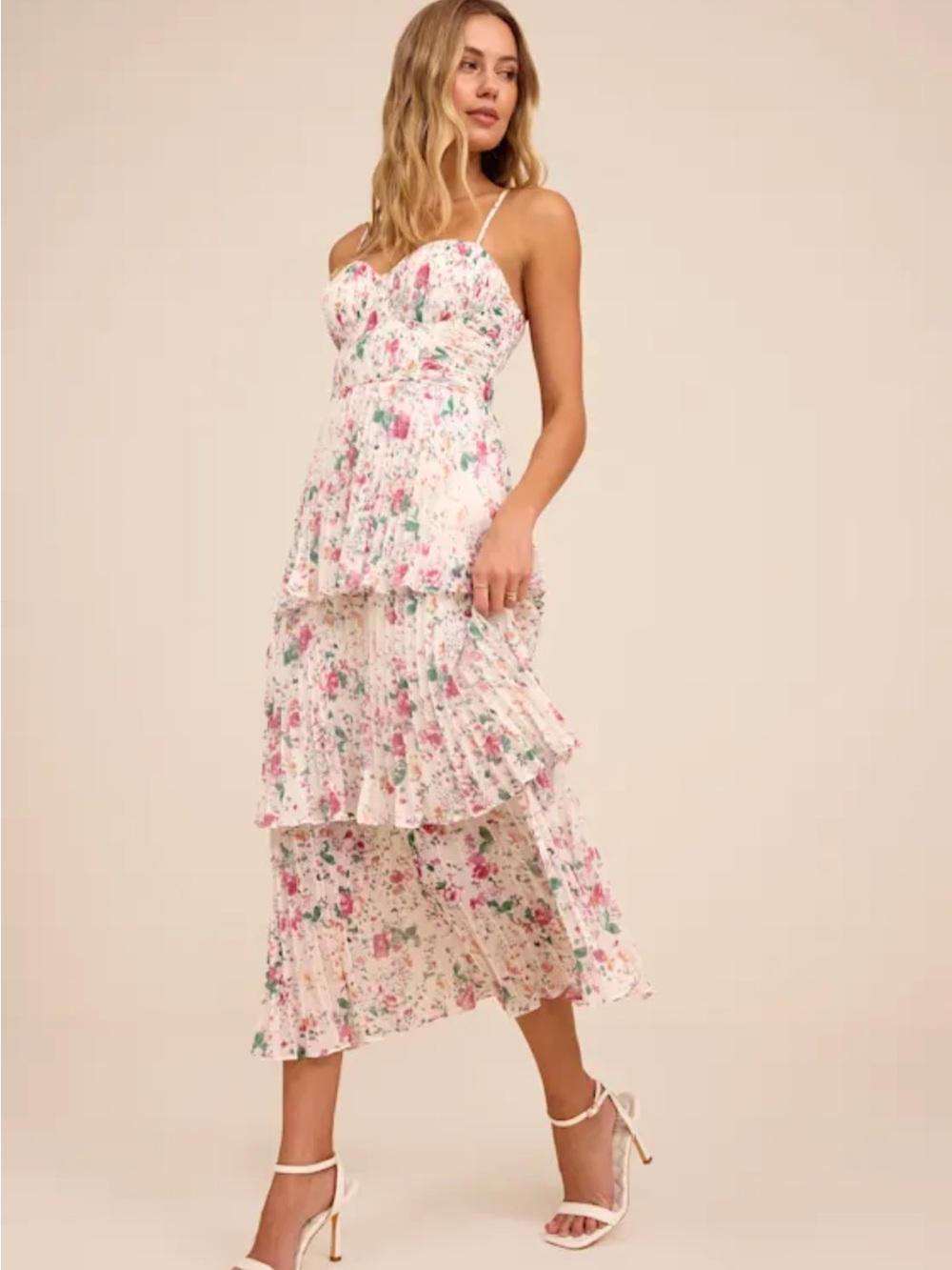 Lulus Cascading Crush NWT size S Ivory Floral Print Tiered‎ Bustier Midi Dress